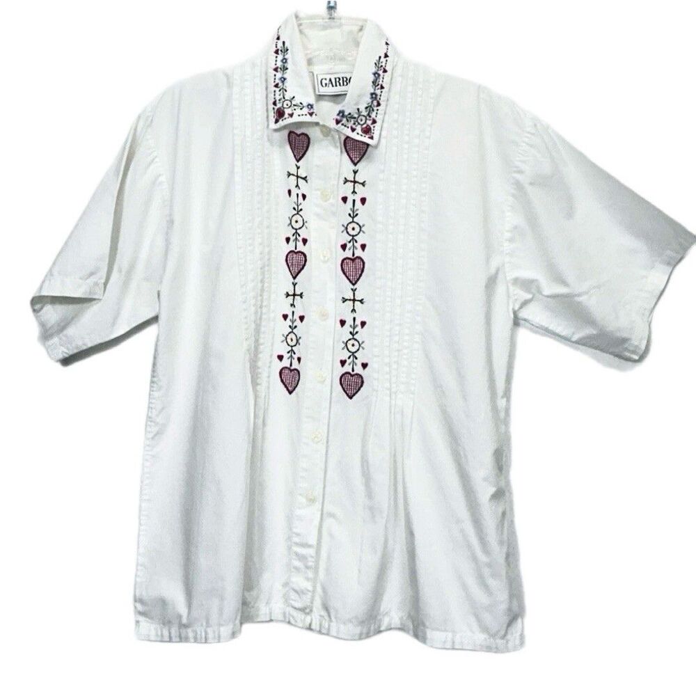 GARBO Cotton Shirt Embroidered Hearts Floral Cottage Country Grandma oversized